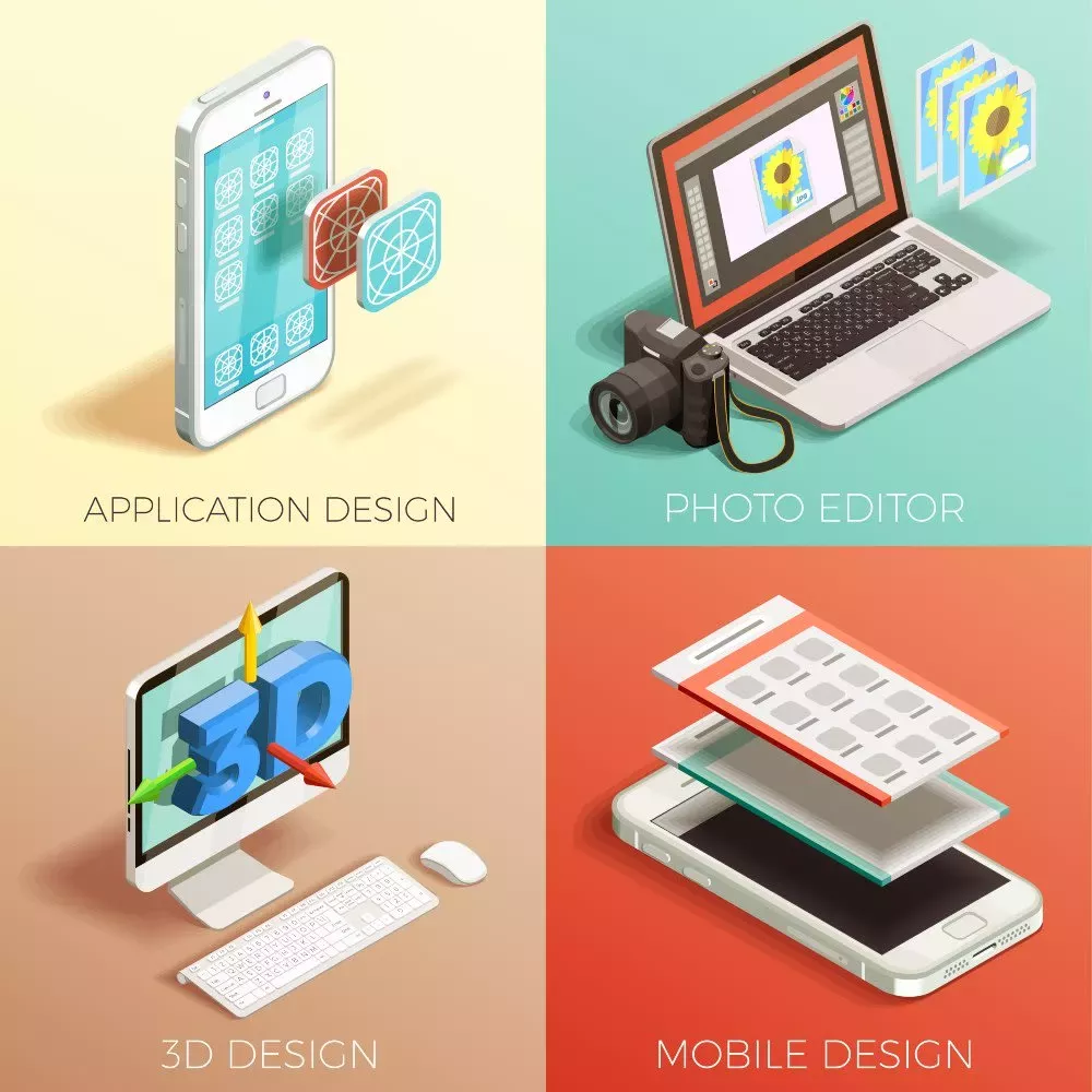 Design para aplicativos, edição de fotos, design 3D e design para dispositivos móveis